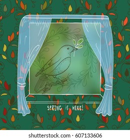 Colored spring banner with bird sketch. Sitting bird on a branch in the window. Hand drawing background with ornamental pattern.