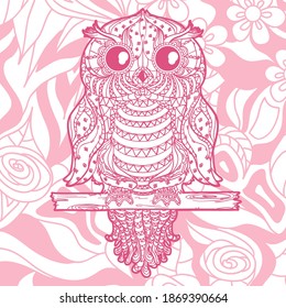 Colored square background with patterned owl. Hand drawn ornate pattern