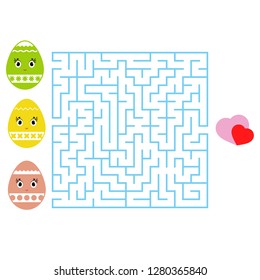 Colored square labyrinth. Kids worksheets. Activity page. Game puzzle for children. Easter, cartoon egg, holiday. Find the right path to the heart. Maze conundrum. Vector illustration