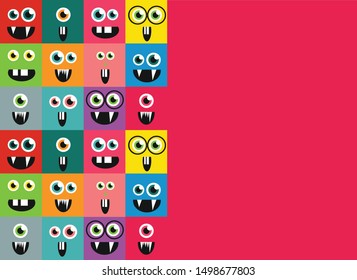 colored square monsters on a pink background with copy spase