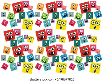 colored square monsters on a white background, baby cartoon pattern