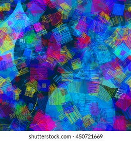 Colored square patches of strokes, circles. Colorful abstract vector pattern. The predominance of blue. Easy editing.