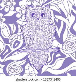 Colored square pattern with abstract owl. Hand drawn background. Colorful art