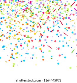 Colored square pattern with geometric elements on white. Holiday background with confetti. Texture from glitters. Festive frame. Print for banners, posters, t-shirts and textiles. Greeting cards