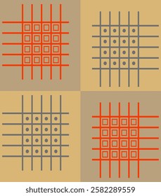 Colored squares and circles in a grid of lines in a seamless pattern for presentations, websites, prints.