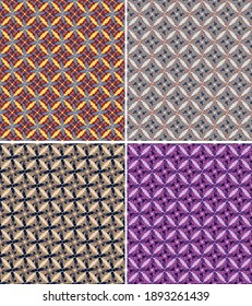 colored squares of different sizes are grouped and arranged in a specific order. vector set of four geometric seamless patterns in various colors.
