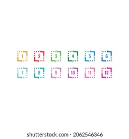 colored squares and numbers 1-12. numbers 1-12 on white background