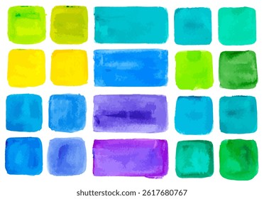 Colored squares and rectangles watercolor paint on a white background. Vector. Bright template of watercolor colors for design. Multicolored colorful mosaic. 