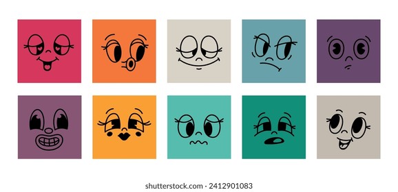 Colored squares with retro faces. Funny cartoon mascot, comic character, vintage animation style, psychedelic emoji, 50s style stickers, retro smile cute mouth and eyes
