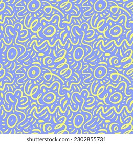 Colored squiggly lines seamless pattern. Brush drawn simple colored doodles and confetti strokes. Trendy abstract ornament with thin curved lines, squiggles. Simple childish scribble pattern. 
