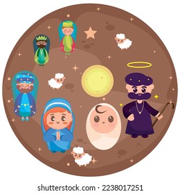Colored stable with cute cartoons Manger jesus birth Vector