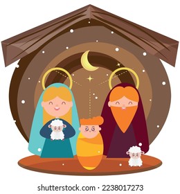 Colored stable with joseph, mary and jesus cartoons Vector