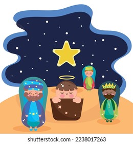 Estable de colores en la noche con tiernos dibujos de Joseph, mary y Jesus Vector