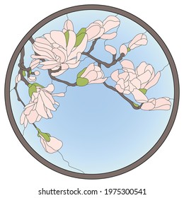 Colored stained-glass window in a round frame. Orchid floral arrangement of buds and leaves in the art Nouveau style. Vector illustration