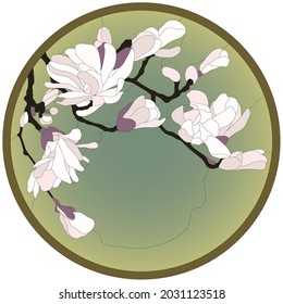 Ventana de vidrio coloreado con un marco redondo. La disposición floral orquídea o sakura de brotes y hojas al estilo Art Nouveau. Ilustración del vector