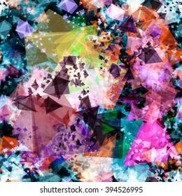 Colored stains of triangles mixed randomly. Seamless pattern. Abstract background. Vector.