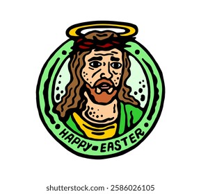 Colored stamp with the image of the resurrected Jesus Christ with a halo and a crown of thorns, with the caption Happy Easter