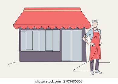 Coloreado de pie frente a la tienda concepto de dibujo de una línea