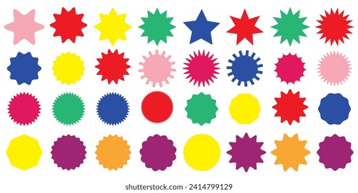 Colored star burst sticker. Vector stars and sparkle silhouettes design elements. Price tags explosion silhouettes, starburst retro sale badge, sun ray frames. Promotional badge set