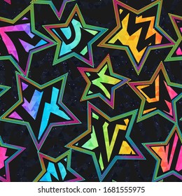 Colored star geometric seamless pattern with grunge effect.