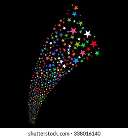 Colored Star Pyrotechnic Trail vector illustration. Style is multi-colored flat bright stars, black background.