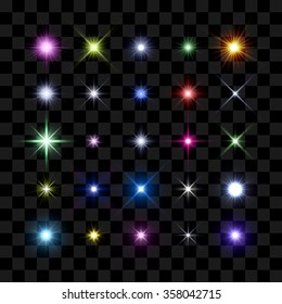 Colored starburst, stars and sparkles burst glowing light effect on transparent background. Transparent star.