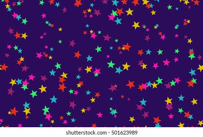 Colored stars chaotic seamless pattern, multicolor pattern, dark background