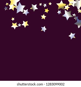 Colored stars confetti. Isolated yellow blue white  grey  gradient stellar elements. Holiday celebration luminous glossy vector background for decorations, flyers, posters.