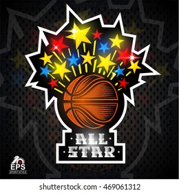 Colored Stars Fly Out From Basketball Ball. Sport Logo For All Star Game