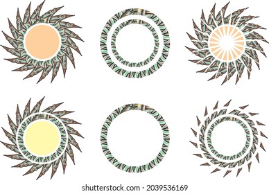 Colored stars and frames on a whte backdrop for holidays and events. 3D sharp-pointed stars and frames in green and orange tones for backgrounds and textures, wallpaper, prints, cards, textiles, etc.