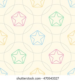 Colored stars of lined triangles and grey circles. Seamless pattern.