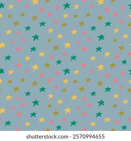 Colored stars on a gray background. Children's seamless pattern, vector background. Ideal for fabric, textile, children's bedding, wallpaper, pajamas. Scandinavian style.