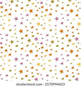 Colored stars on a white background. Children's seamless pattern, vector background. Ideal for fabric, textile, children's bedding, wallpaper, pajamas. Scandinavian style.