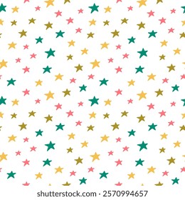 Colored stars on a white background. Children's seamless pattern, vector background. Ideal for fabric, textile, children's bedding, wallpaper, pajamas. Scandinavian style.