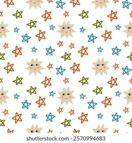 Colored stars on a white background. Children's seamless pattern, vector background. Ideal for fabric, textile, children's bedding, wallpaper, pajamas. Scandinavian style.