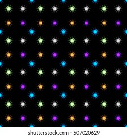 Colored stars. snowflakes. Seamless pattern. Black background.
