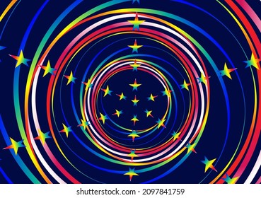 Colored stars and spiral lines on blue background