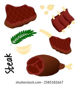Colored steak. Illustration of lean venison steak. Hand painted rich venison steak with smooth texture isolated on white background