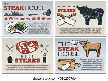 Colored steak poster design set with place for text about steak house vector illustration