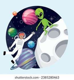 Colored sticker with alien character on a planet Vector