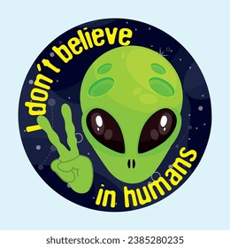 Etiqueta de color con alienígena haciendo un gesto de paz Vector