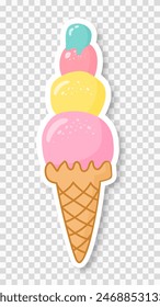 A colored sticker with a cartoon popsicle highlighted on a transparent background. Melting ice cream balls in a waffle cup. Vector illustration.