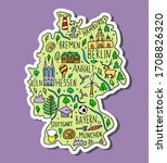 Colored Sticker of Hand drawn doodle Germany map. German city names lettering and cartoon landmarks, tourist attractions cliparts. travel, trip funny.  banner concept design. Ball, Bremen, Berlin