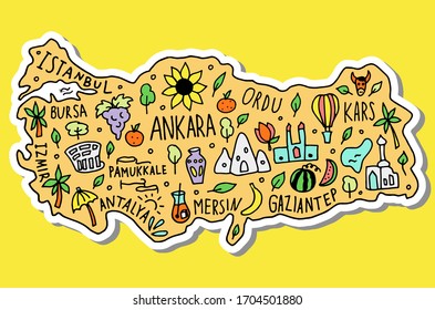 Colored Sticker of hand drawn doodle Turkey map. Turkish city names lettering and cartoon landmarks, tourist attractions cliparts. travel, trip comic infographic poster. Pamukkale, Ankara