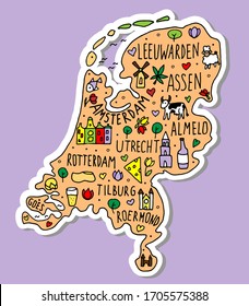 Colored Sticker of Hand drawn doodle Netherlands map. Holland city names lettering and cartoon landmarks, tourist attractions cliparts. Amsterdam, tulip, utrecht, cow, cheese, ship, castle.