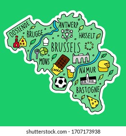 Colored Sticker of Hand drawn doodle Belgium map. Belgian city names lettering and cartoon landmarks, tourist attractions cliparts. travel, trip comic infographic postern. Brussels, oostende