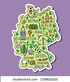 Colored Sticker of Hand drawn doodle Germany map. German city names lettering and cartoon landmarks, tourist attractions cliparts. travel, trip funny.  banner concept design. Ball, Bremen, Berlin