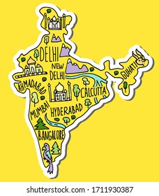 Colored Sticker of Hand drawn doodle India map with shadow. India city names lettering and cartoon landmarks, tourist attractions cliparts. travel, funny poster, banner concept design. 