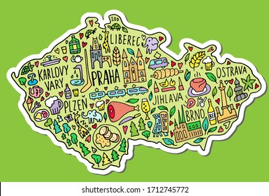 Colored Sticker of Hand drawn doodle Czech Republic map. Thick white stroke with shadow. Czech city names lettering funny drawings. Main symbols........ Praha, Karlovy Vary, zoo, train