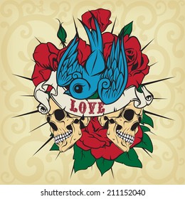 Colored sticker on the shirt with a skull, roses and swallow. Vector.